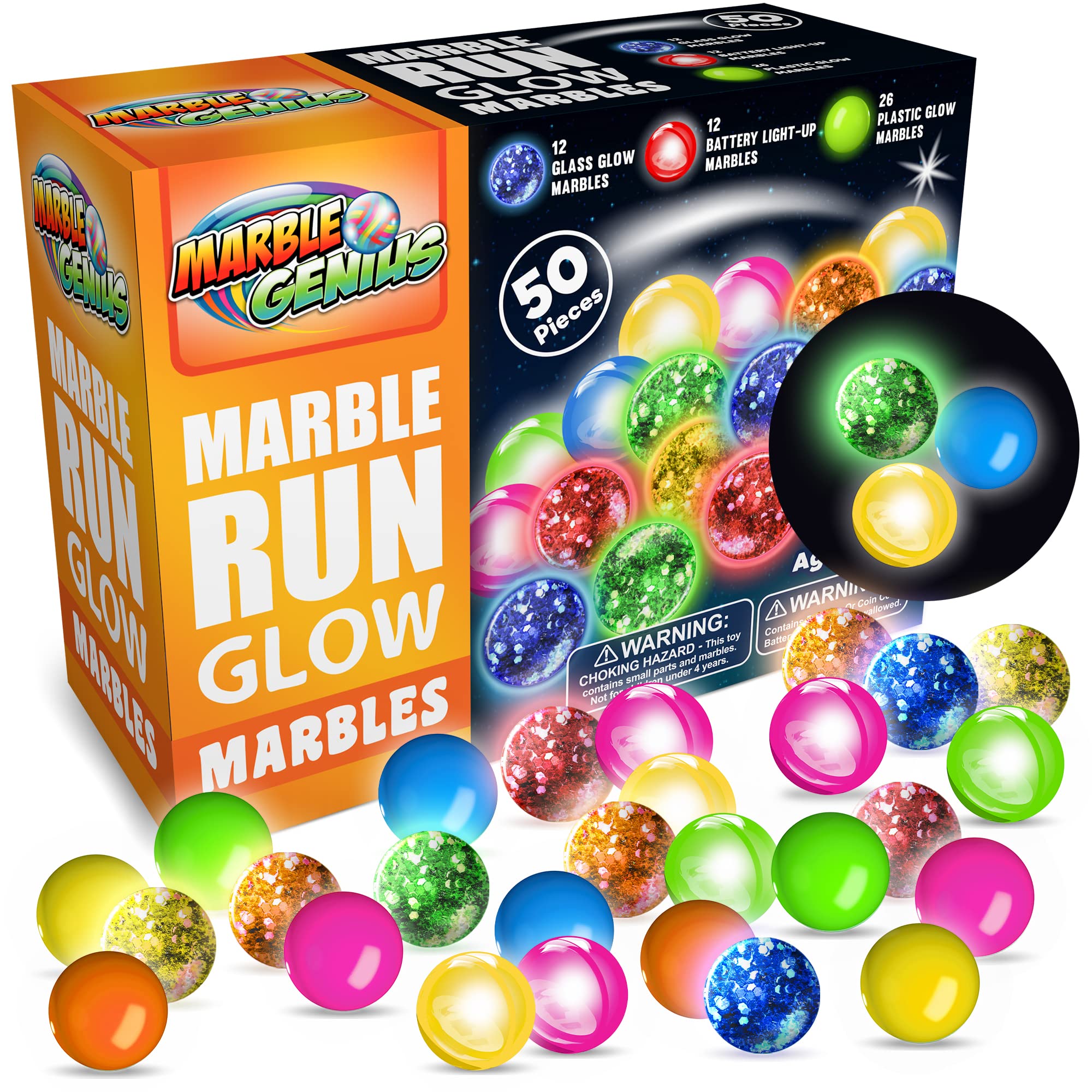 Marble Genius glow in the dark marbles illuminate the marble run for night play