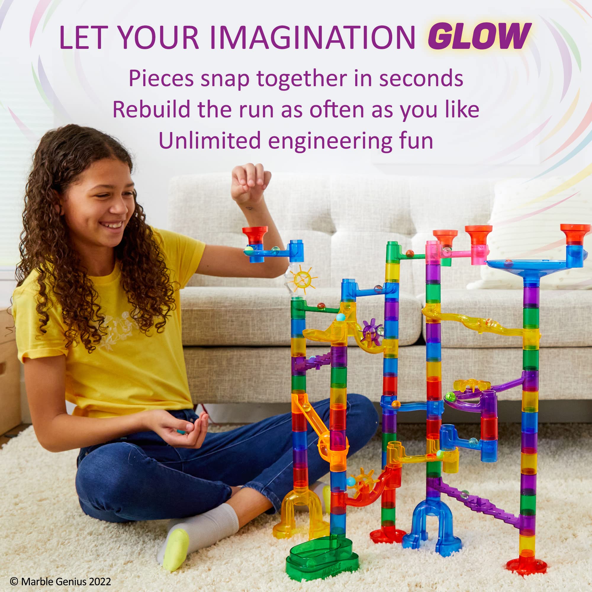 Marble Genius Glow Dark Play setup demonstrates nighttime glow for added excitement.