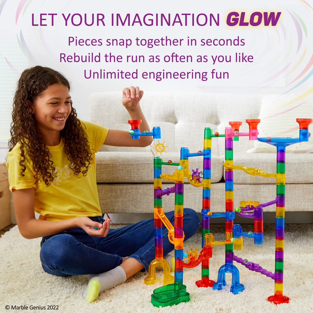 Marble Genius Glow Dark Play setup demonstrates nighttime glow for added excitement.