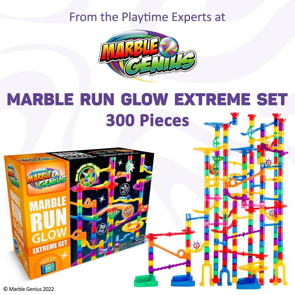 Marble Genius glow marbles illuminate play for engaging glow-in-the-dark racing.