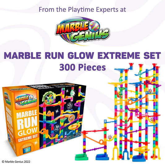 Marble Genius glow marbles illuminate play for engaging glow-in-the-dark racing.