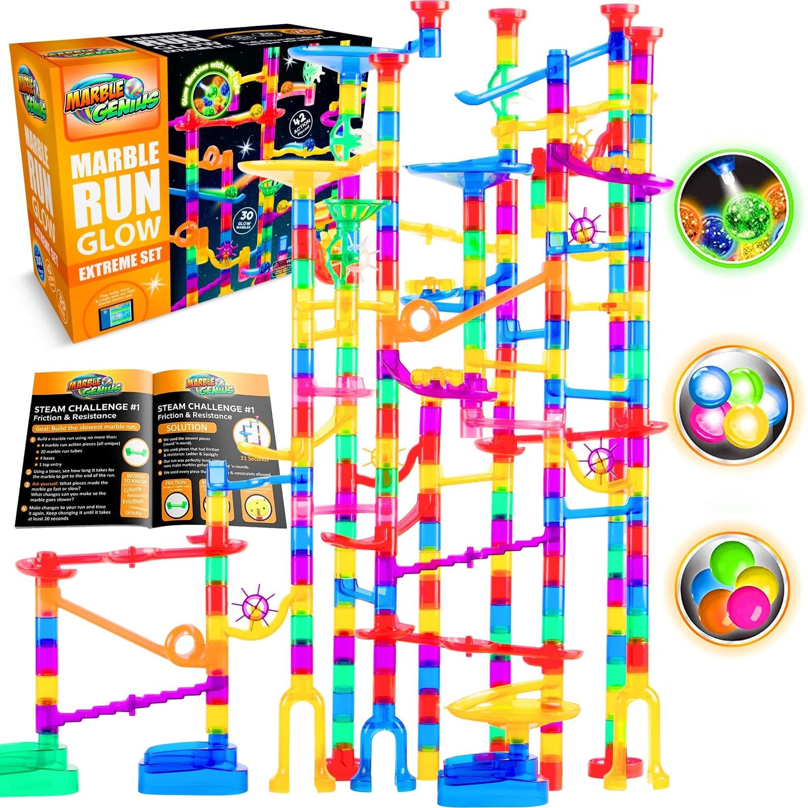 Marble Genius marble run 300-piece glow extreme track offers clear visibility of marbles racing.