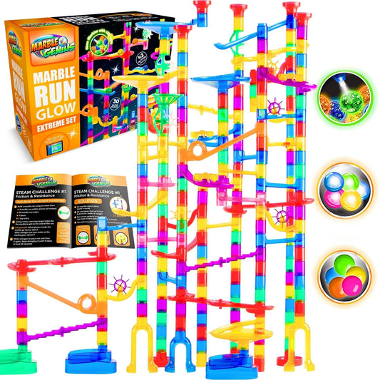 Marble Genius marble run 300-piece glow extreme track offers clear visibility of marbles racing.