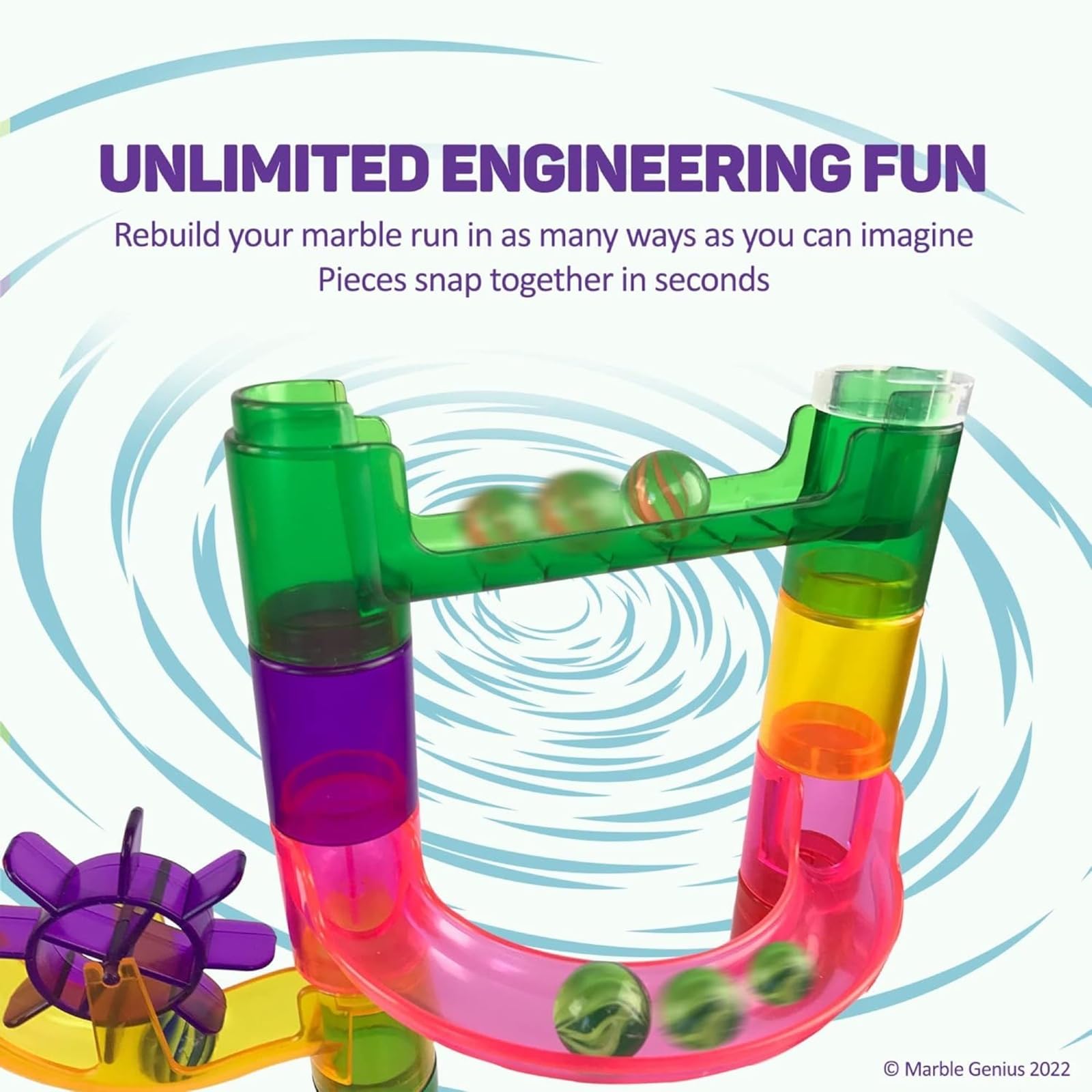 Marble Genius Curved Track: dramatic turns enhance playtime.