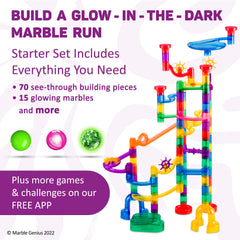 Marble Genius Marble Run Glow Race Action close-up captures quick marble races in low light.