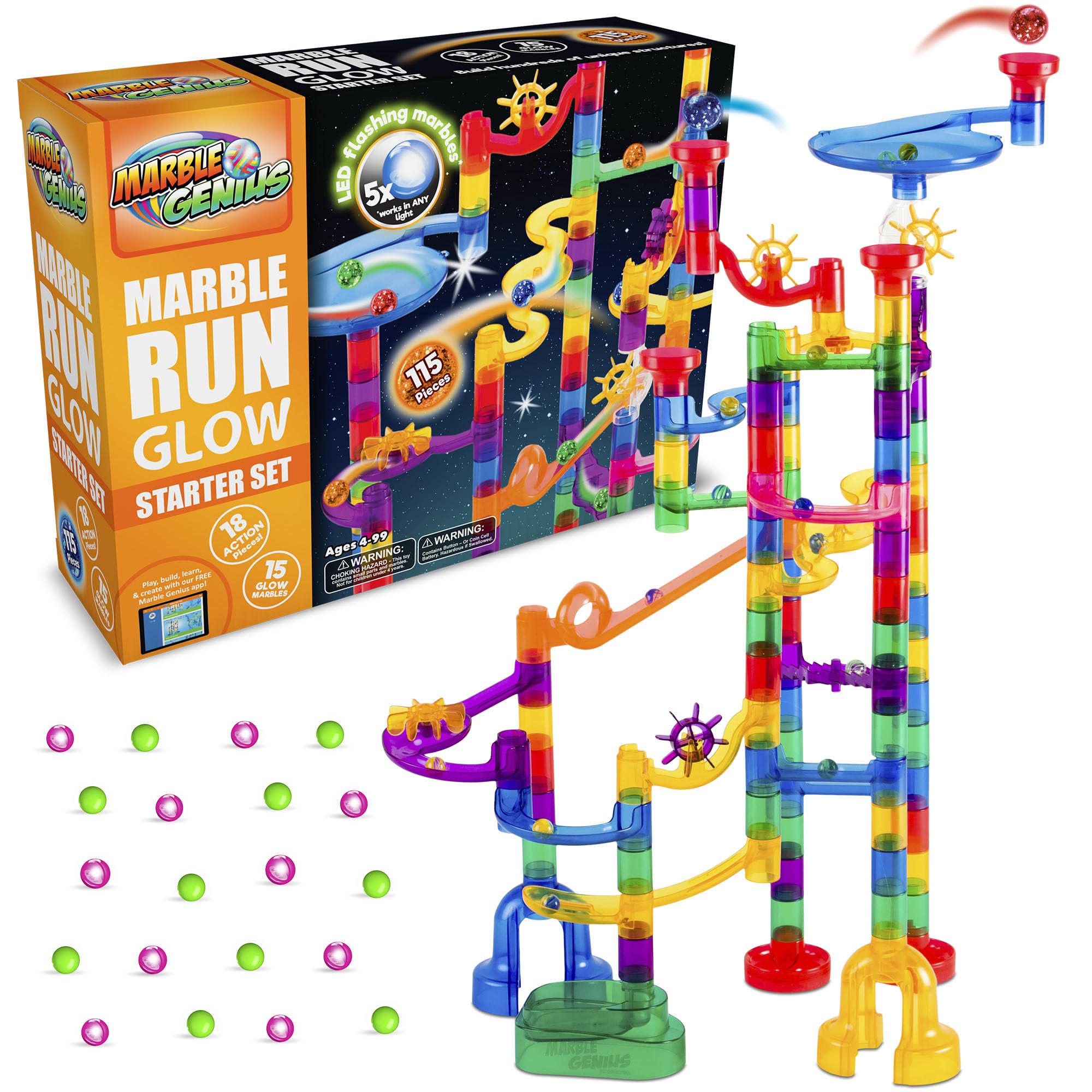Marble Genius Marble Run Glow Starter Set full view highlighting vibrant track and glow features.