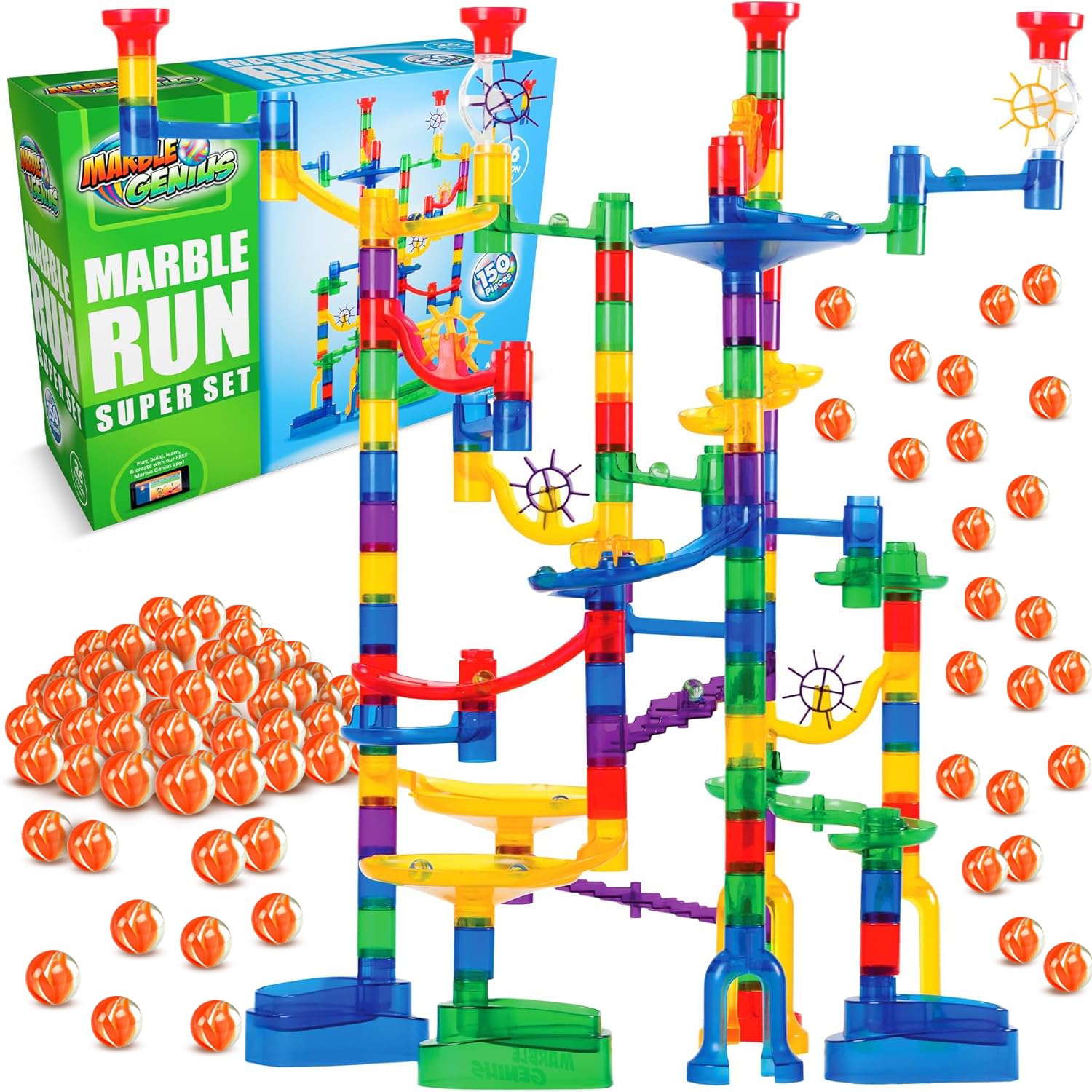 Marble Genius Marble Run Super Set: translucent track pieces for creative construction and STEM exploration.