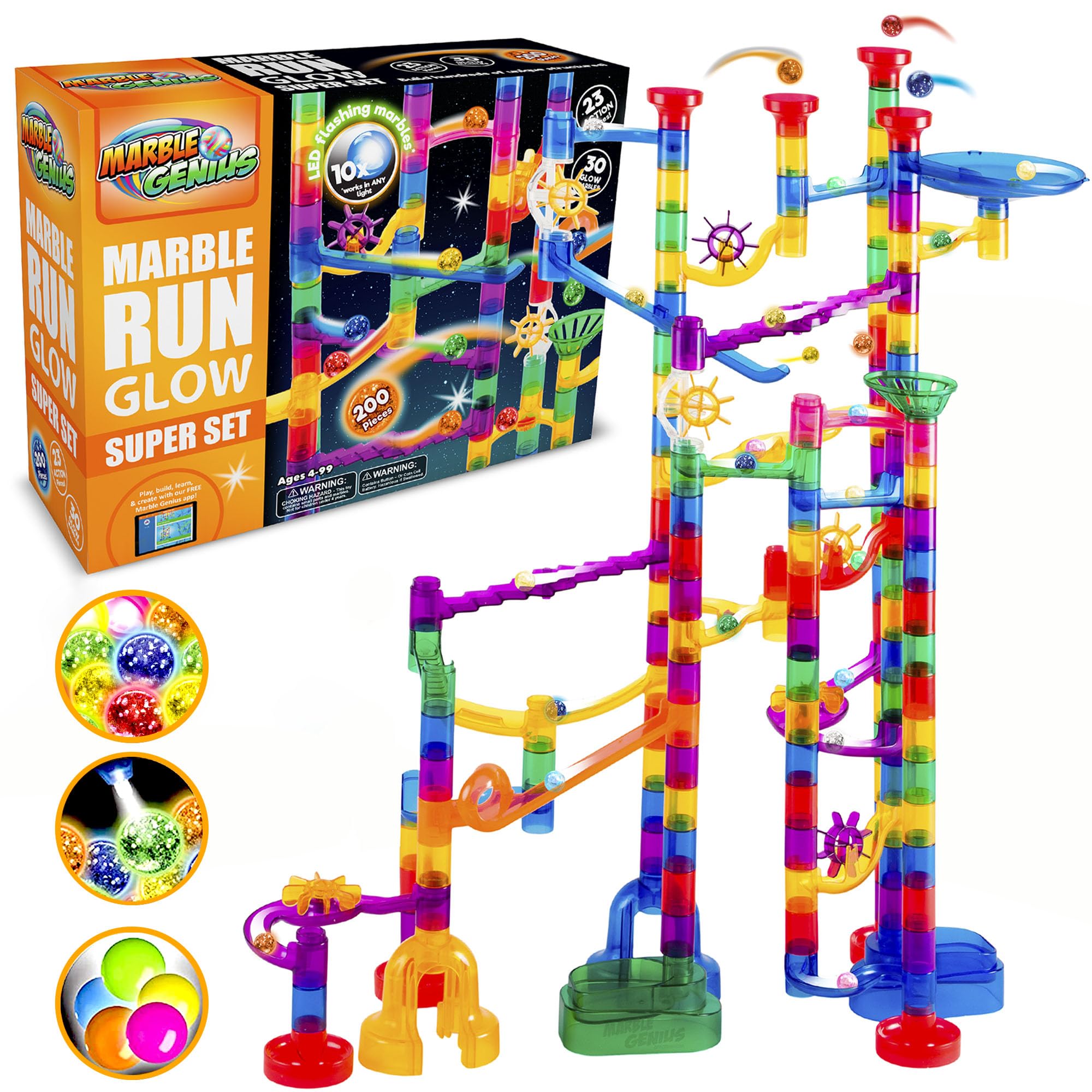 Marble Genius marble run track with space theme and glow-in-the-dark pieces for night play.