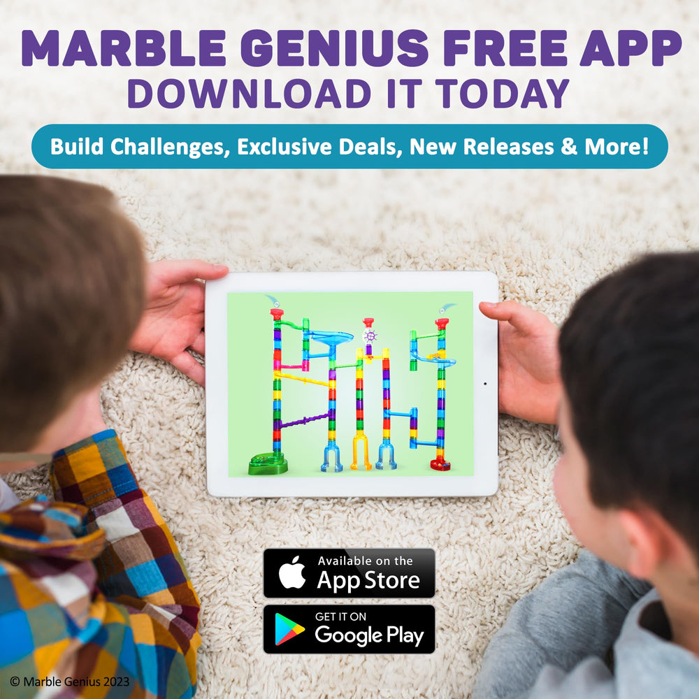 Marble Genius App Guide On-Screen: step-by-step challenges extend learning beyond the set.