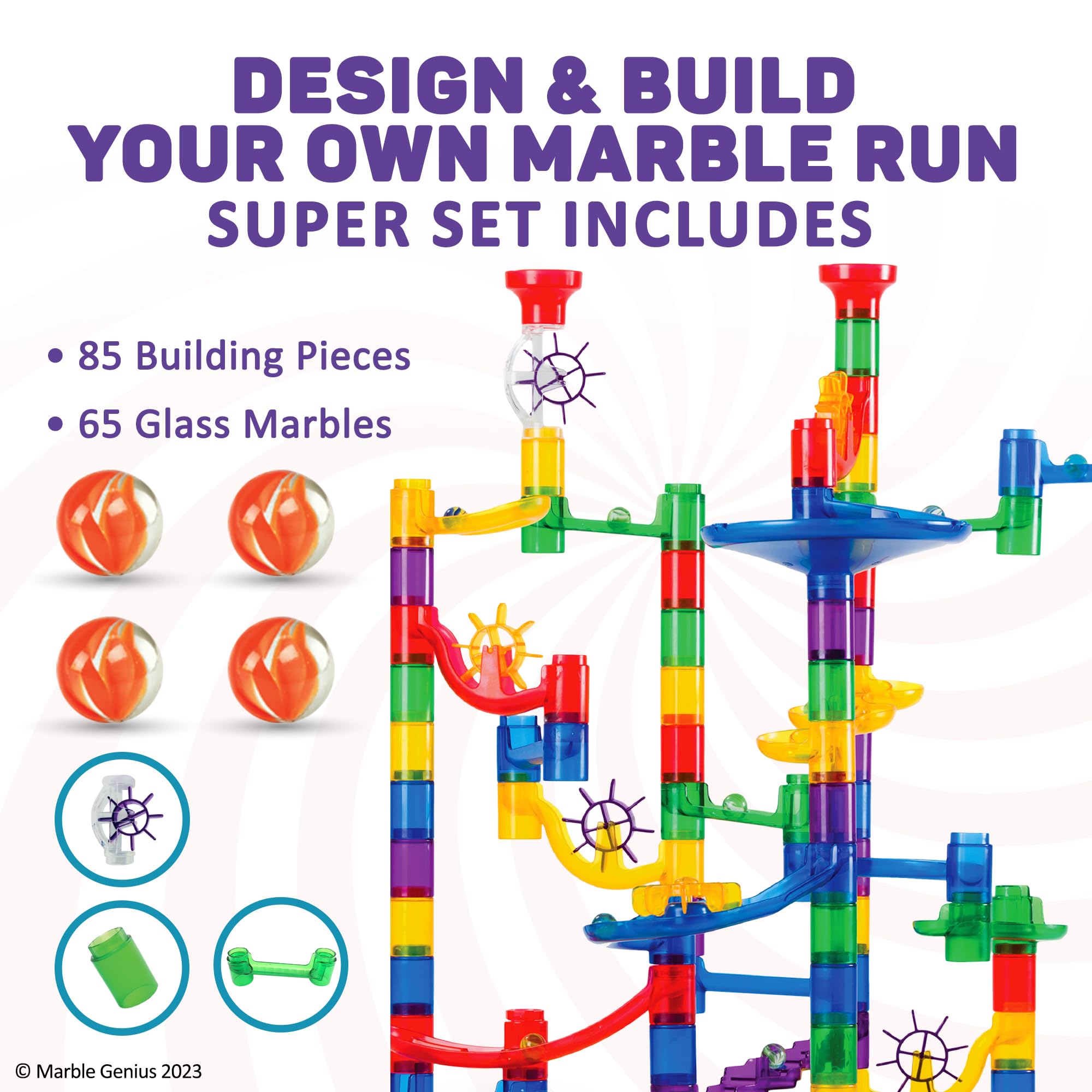 Marble Genius Translucent Track Pieces Closeup: vibrant paths invite exploration and building challenge.