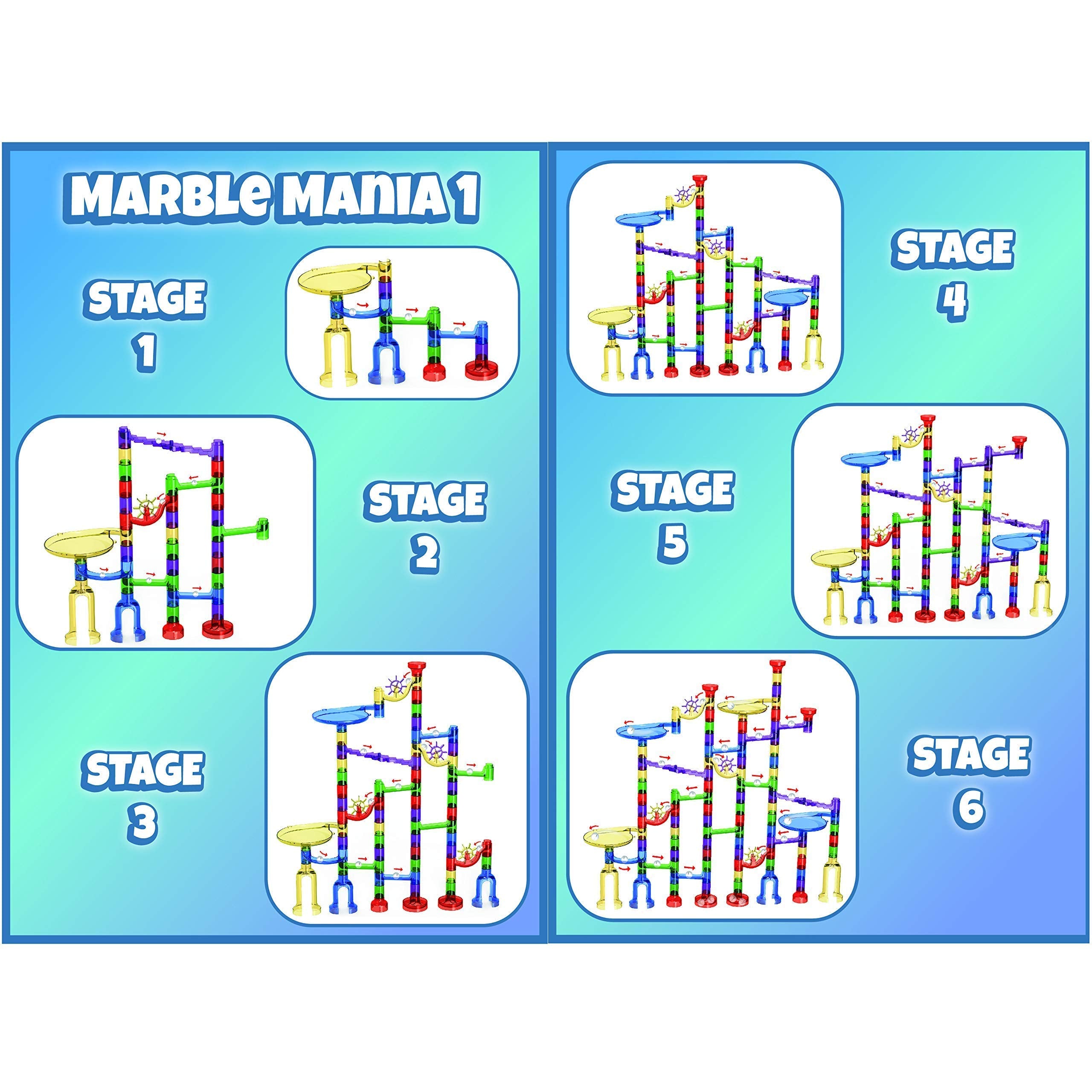 Marble Mania building pieces close-up reveal sturdy construction.