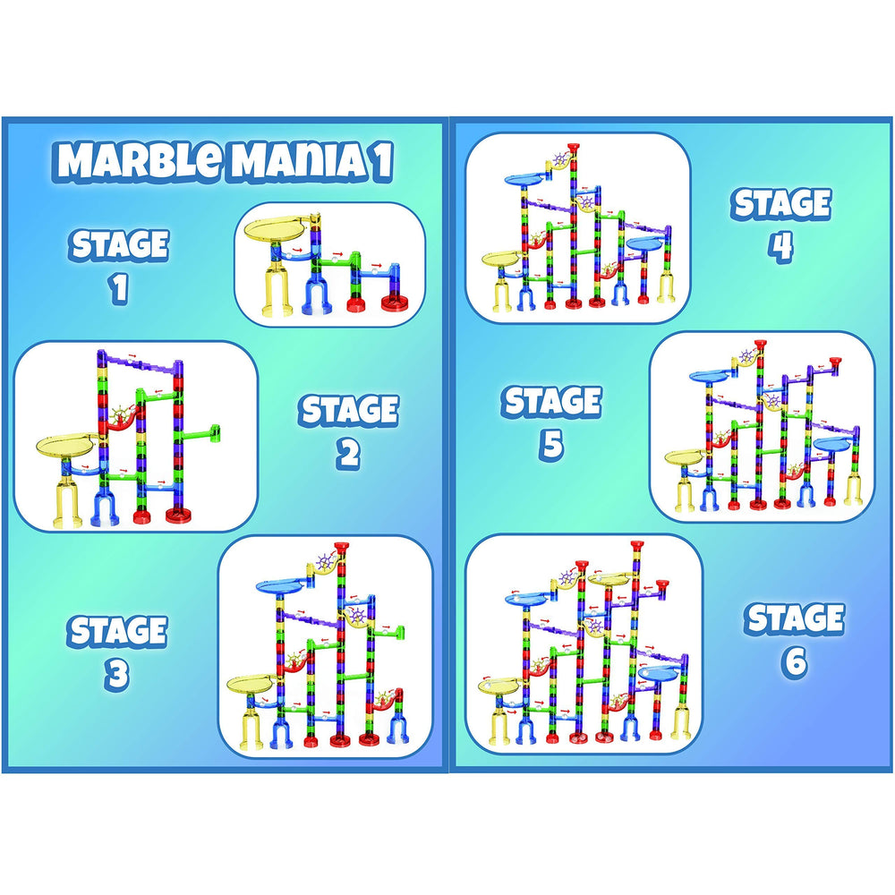 Marble Mania building pieces close-up reveal sturdy construction.