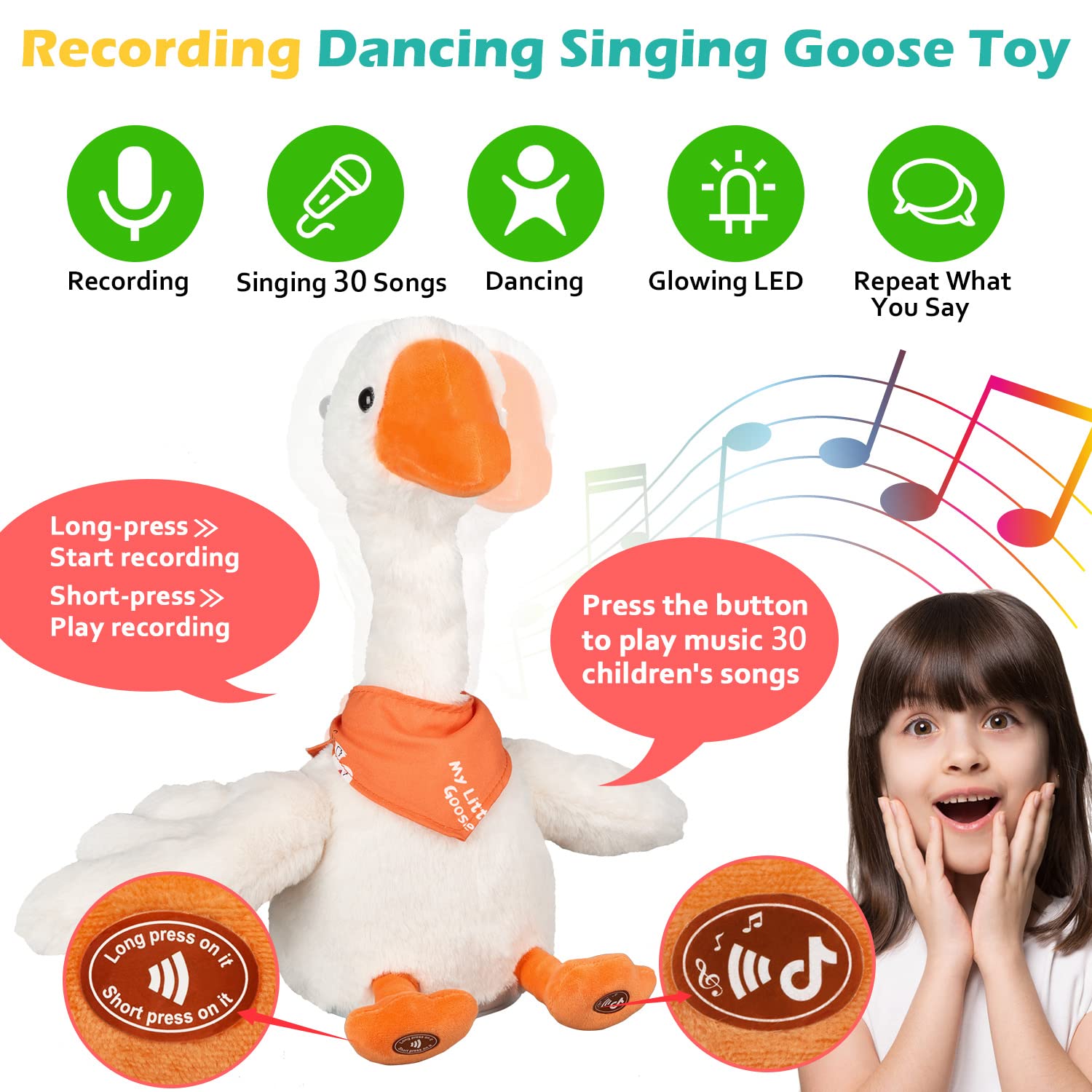 Marsjoy goose sings with bright LED effects for a playful musical moment.