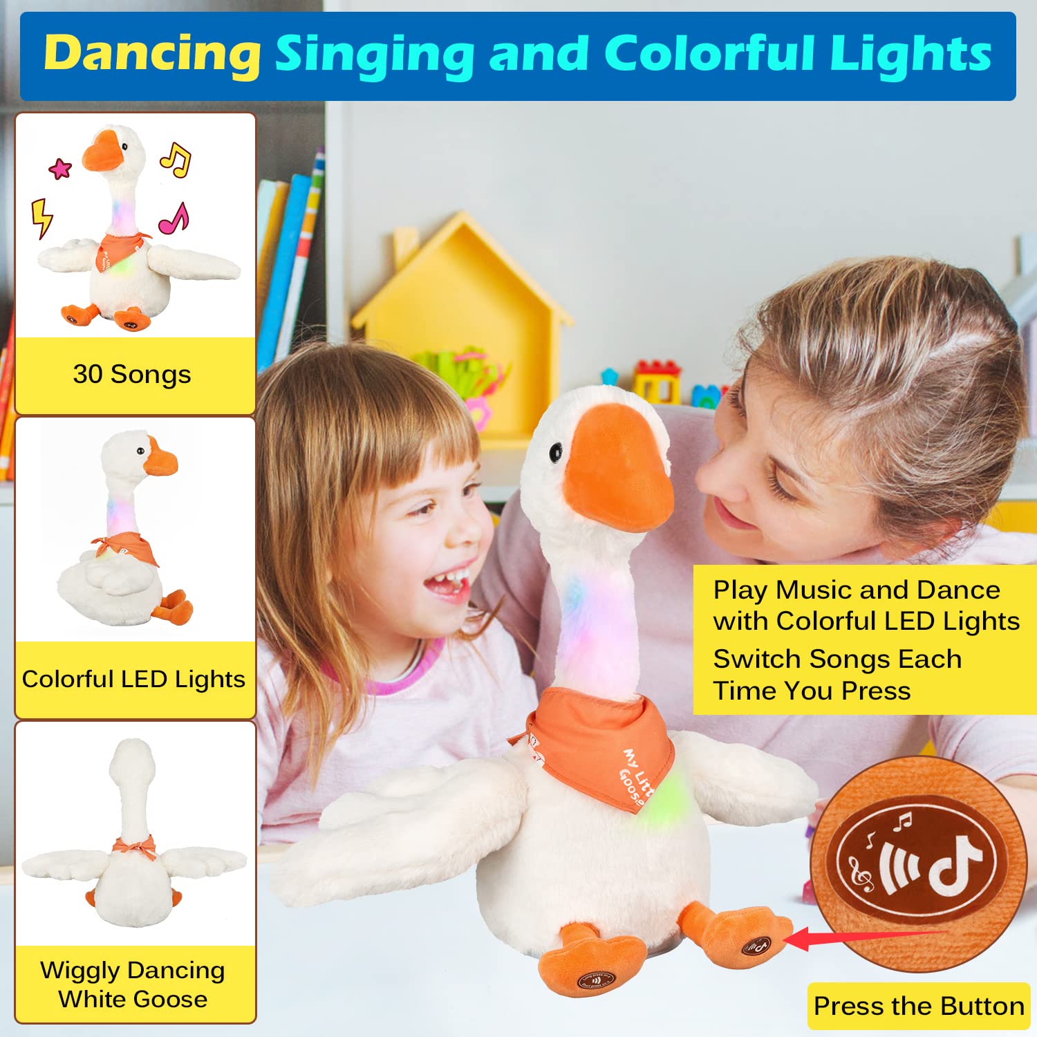 Marsjoy goose wings flap and neck twist for dynamic play.