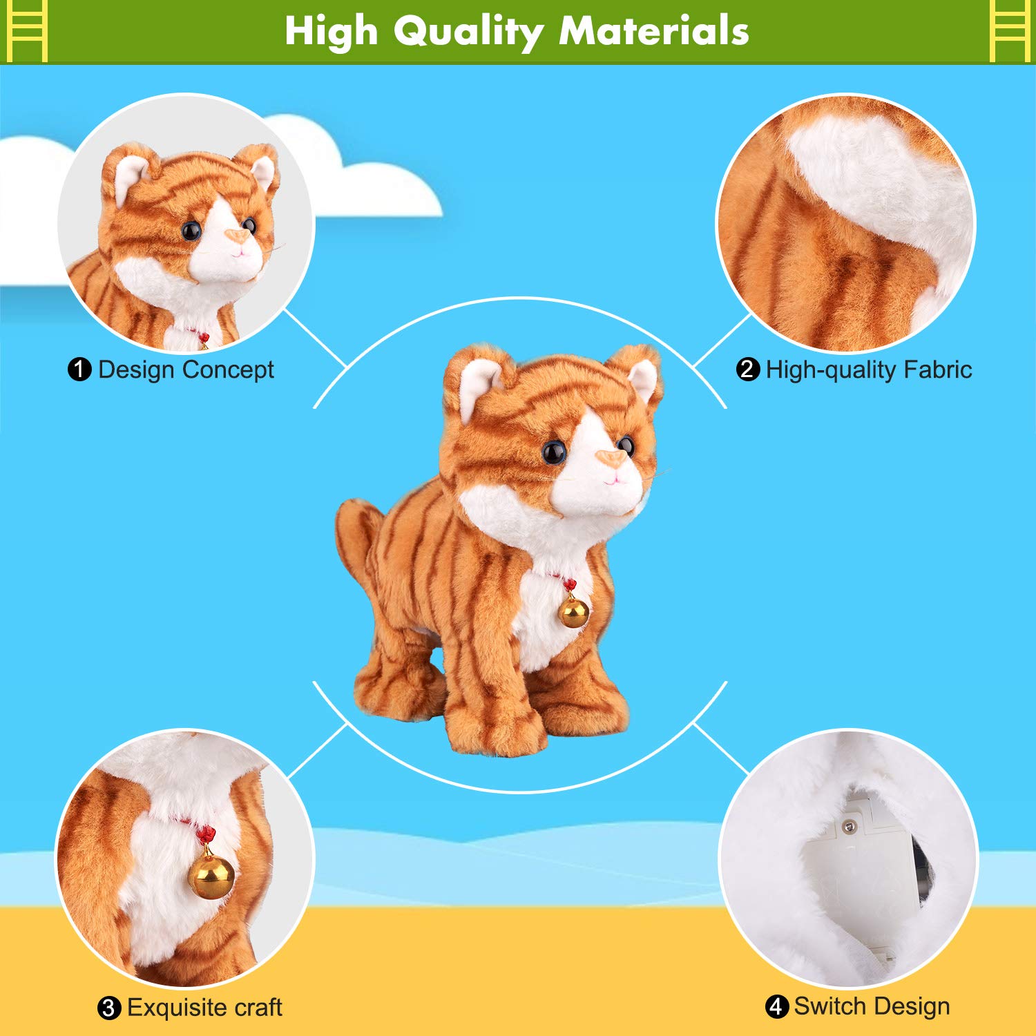 Marsjoy Pattern Yellow Plush Cat battery-compartment demonstrates easy setup with batteries