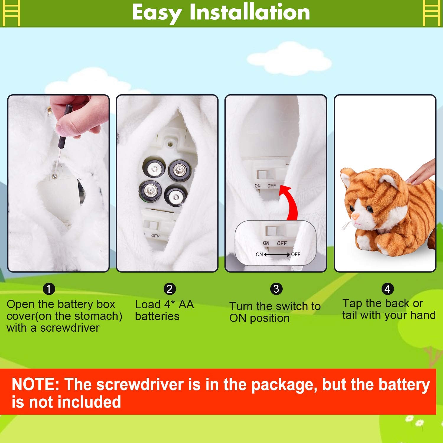 Marsjoy Pattern Yellow Plush Cat movements displays eight actions for interactive fun