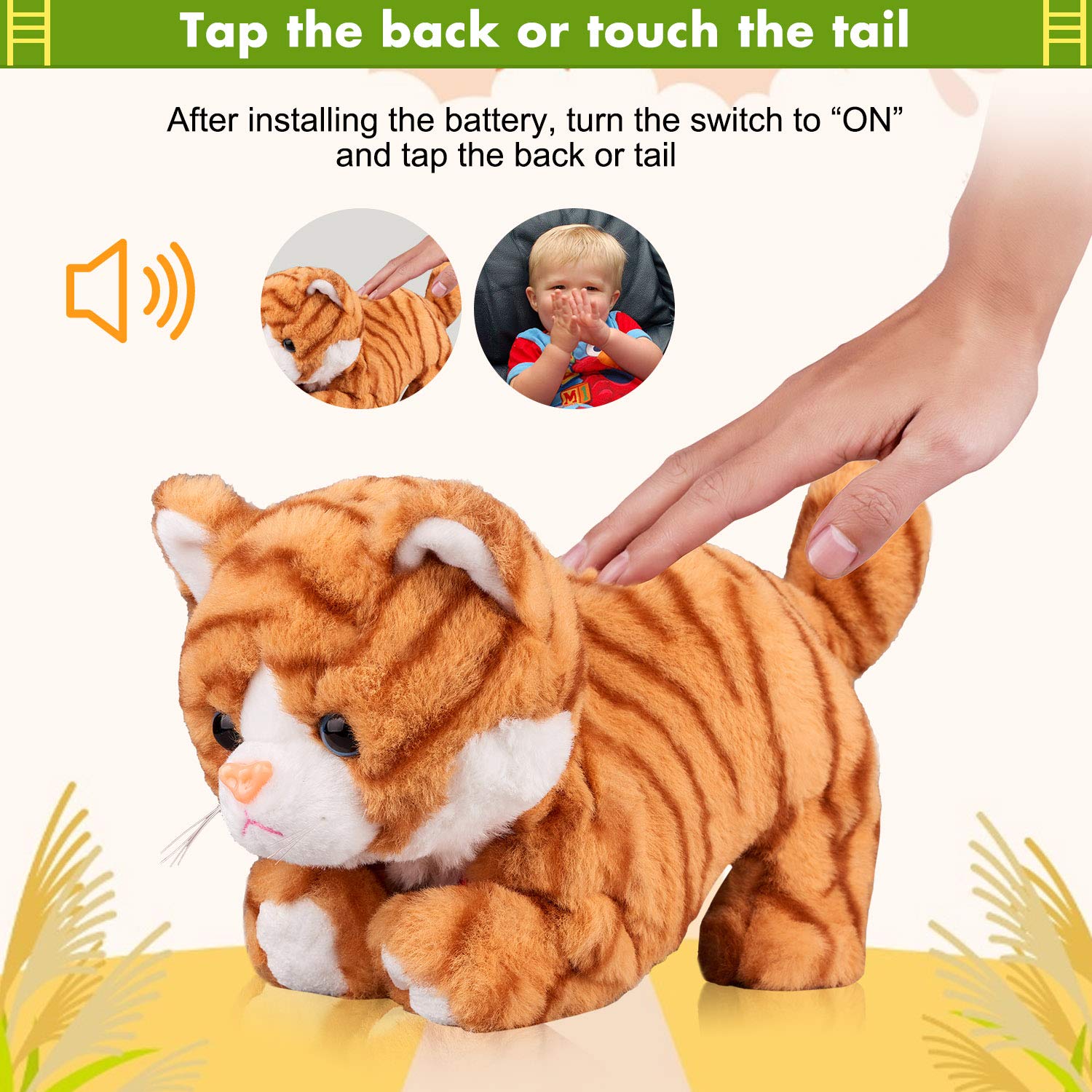 Marsjoy Pattern Yellow Plush Cat tail-interaction shows touch control during play