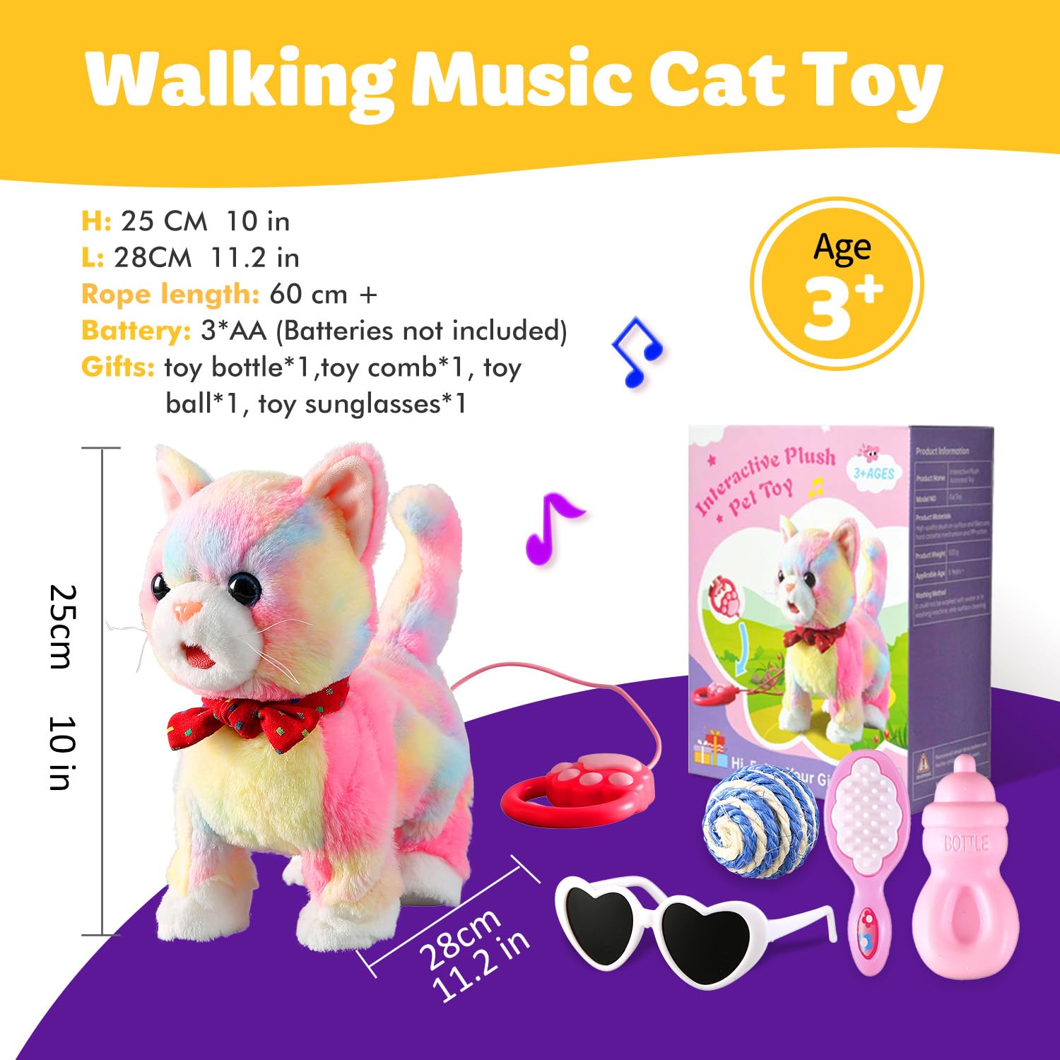 Marsjoy Rainbow Walking Cat Toy battery access and care guidance.