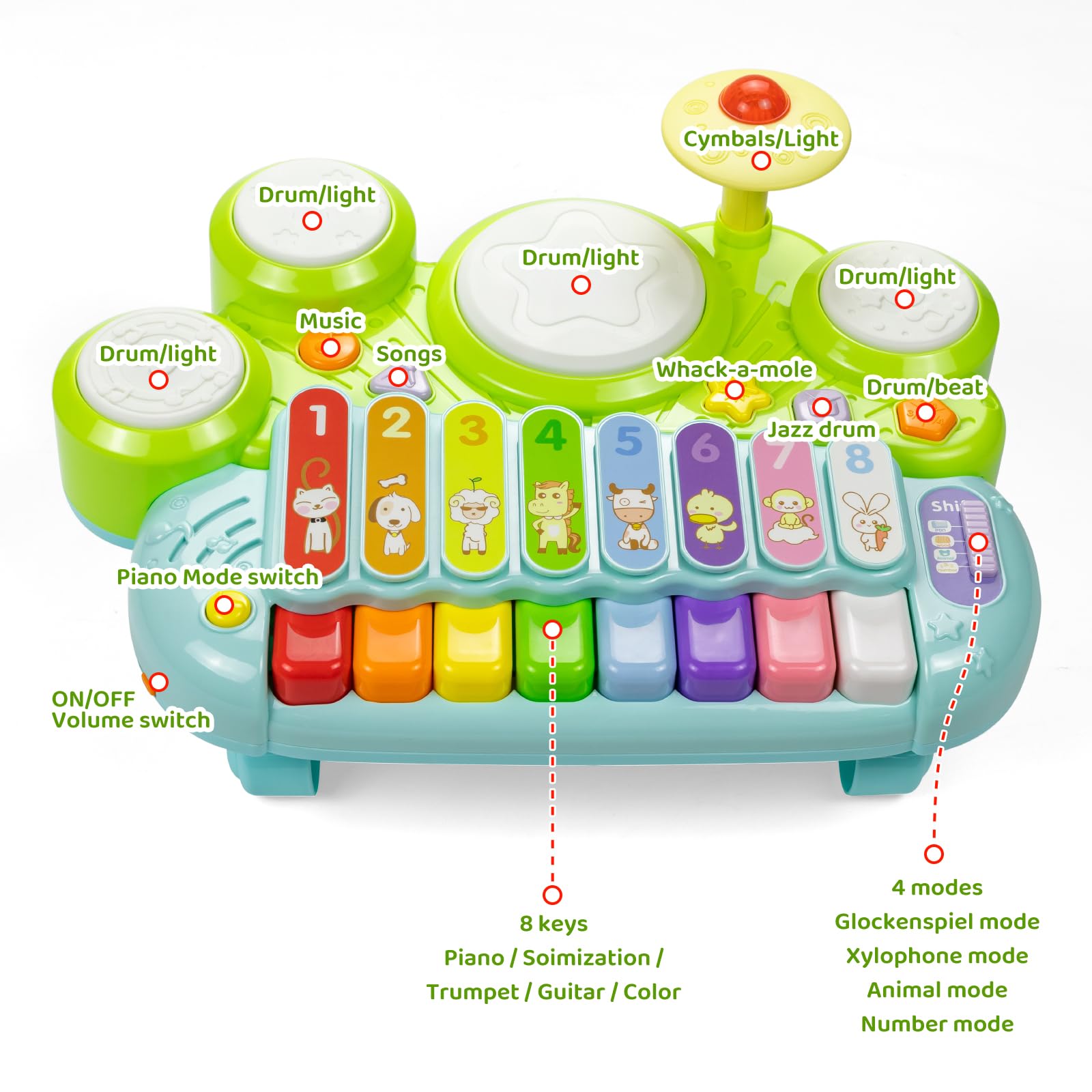 Marstone drum play modes include jazz, djembé, and whack-a-mole
