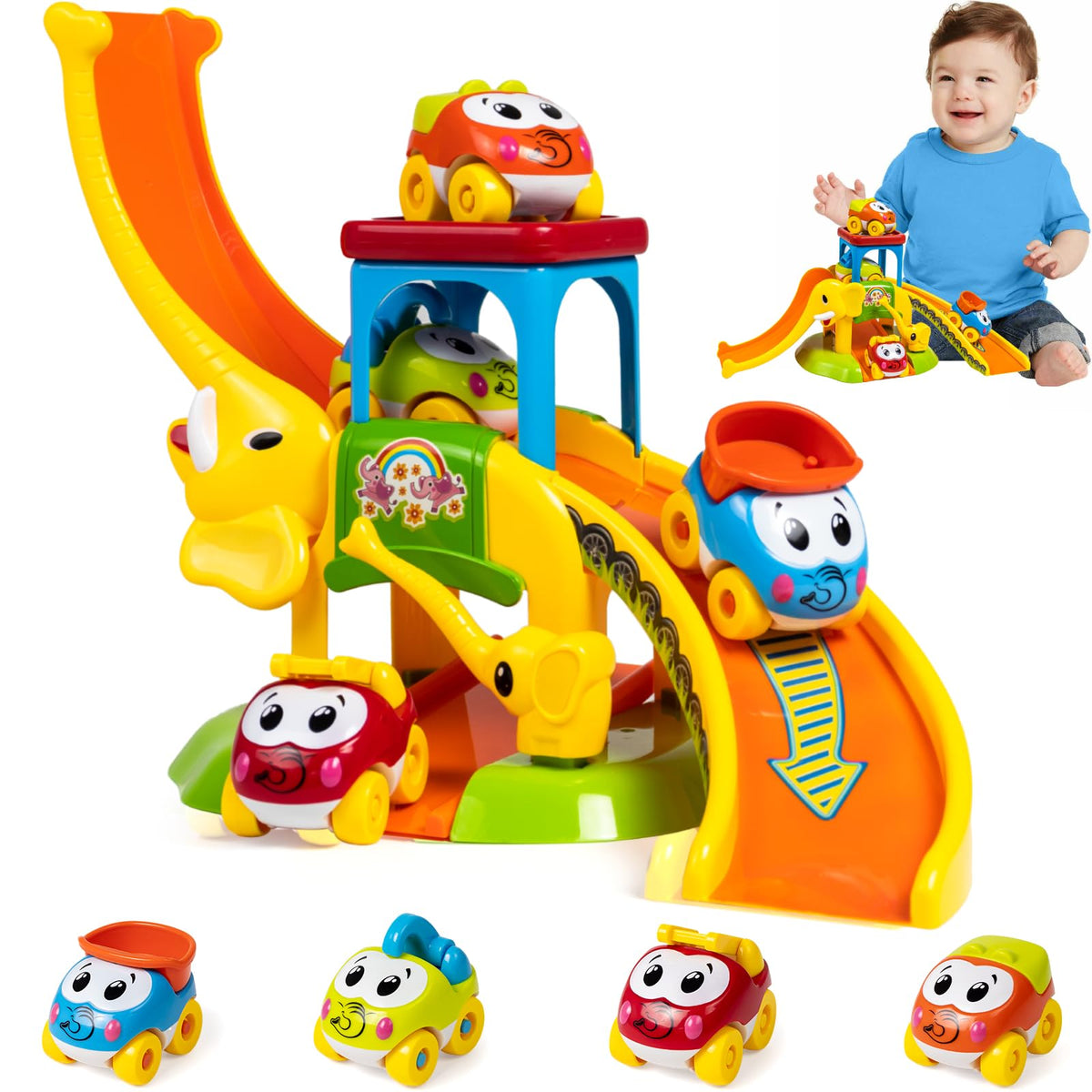 Marstone elephant slide with four cars promotes fine motor skills and independent play