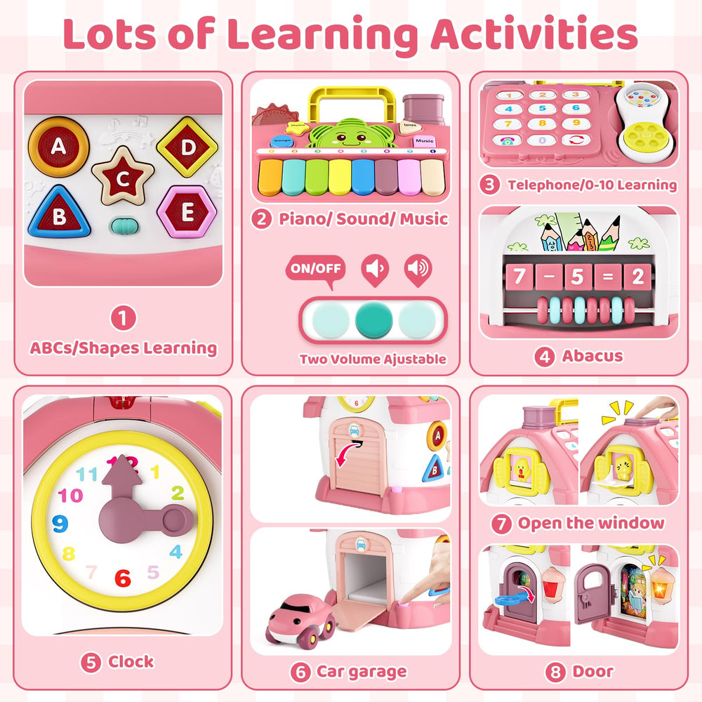 Marstone 8-in-1 Learning House play area shows varied activities supporting early skills.