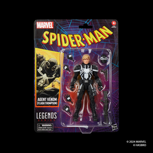 Marvel Legends Agent Venom side pose highlights dynamic shelf display.