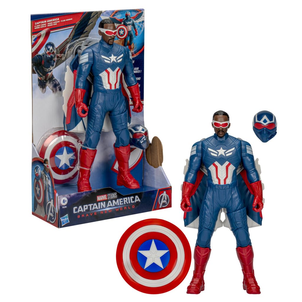 Marvel Avengers Captain America flight mode figure with wings for imaginative aerial battles.