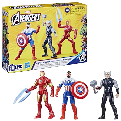 Marvel Avengers figures close-up—Captain America, Thor, Iron Man with poseable features for dynamic play.