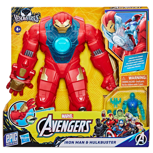 Marvel Hulkbuster armor in red and gold with blue translucent accents for battles.