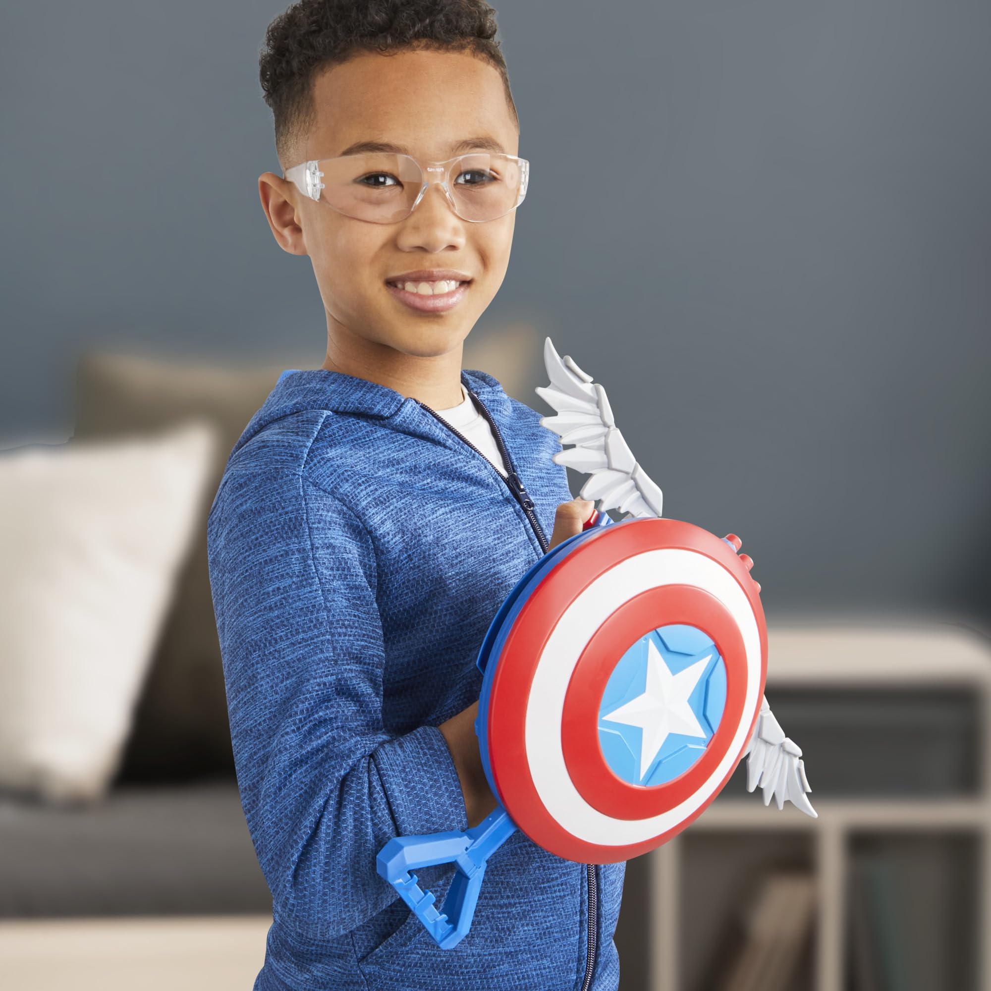 Indoor and outdoor play with Marvel Skyshot Blaster and action figures.