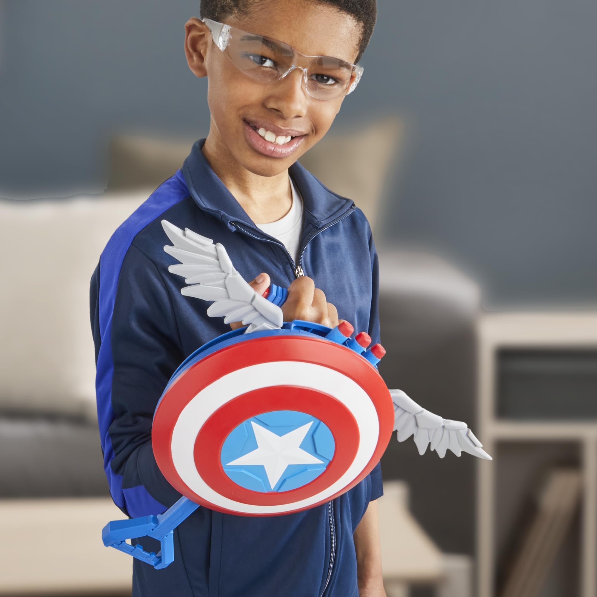 Marvel Captain America Skyshot Blaster wings pop-out during loading for dramatic effect.