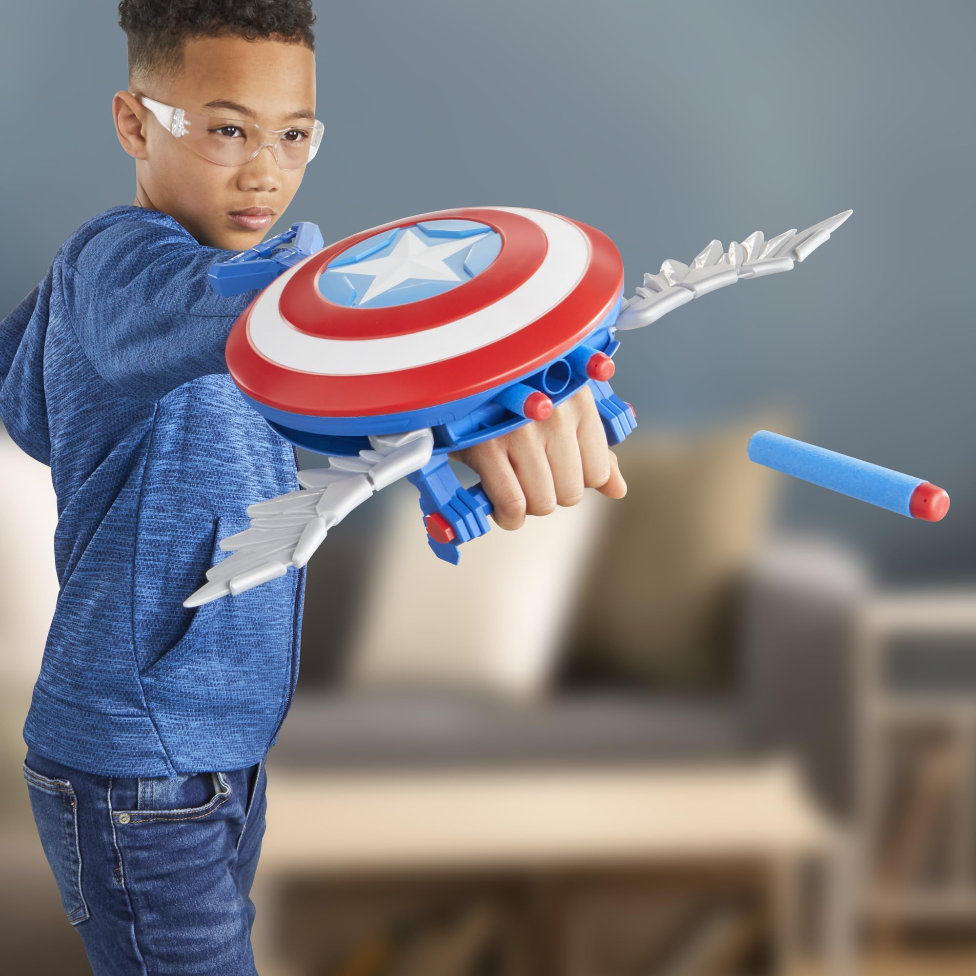 Marvel Captain America Skyshot Blaster paired with shield enhances costume play.