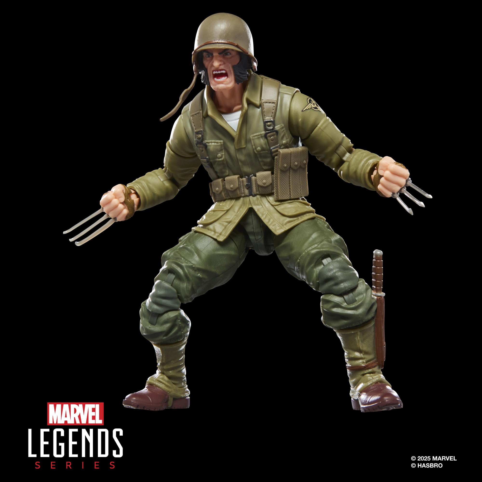 Marvel Classic Wolverine WWII Logan knife and satchel accessories for display.