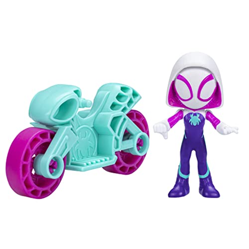 Hasbro Ghost Spider figure on a motorcycle, ideal for action-packed scenes.