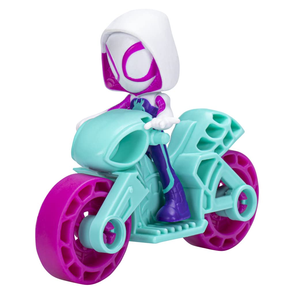 Marvel Ghost Spider figure riding a bike for imaginative play.