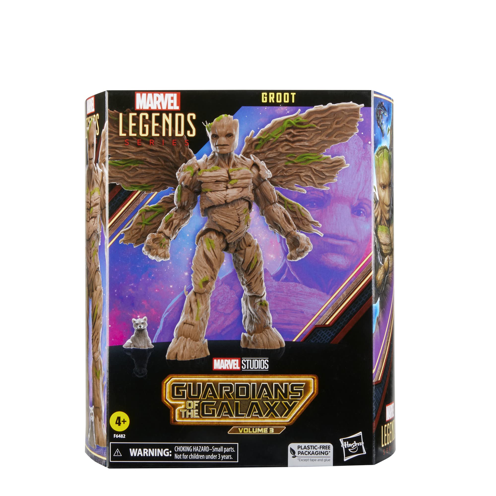 Marvel Groot figure with detailed bark texture enhances shelf presence.