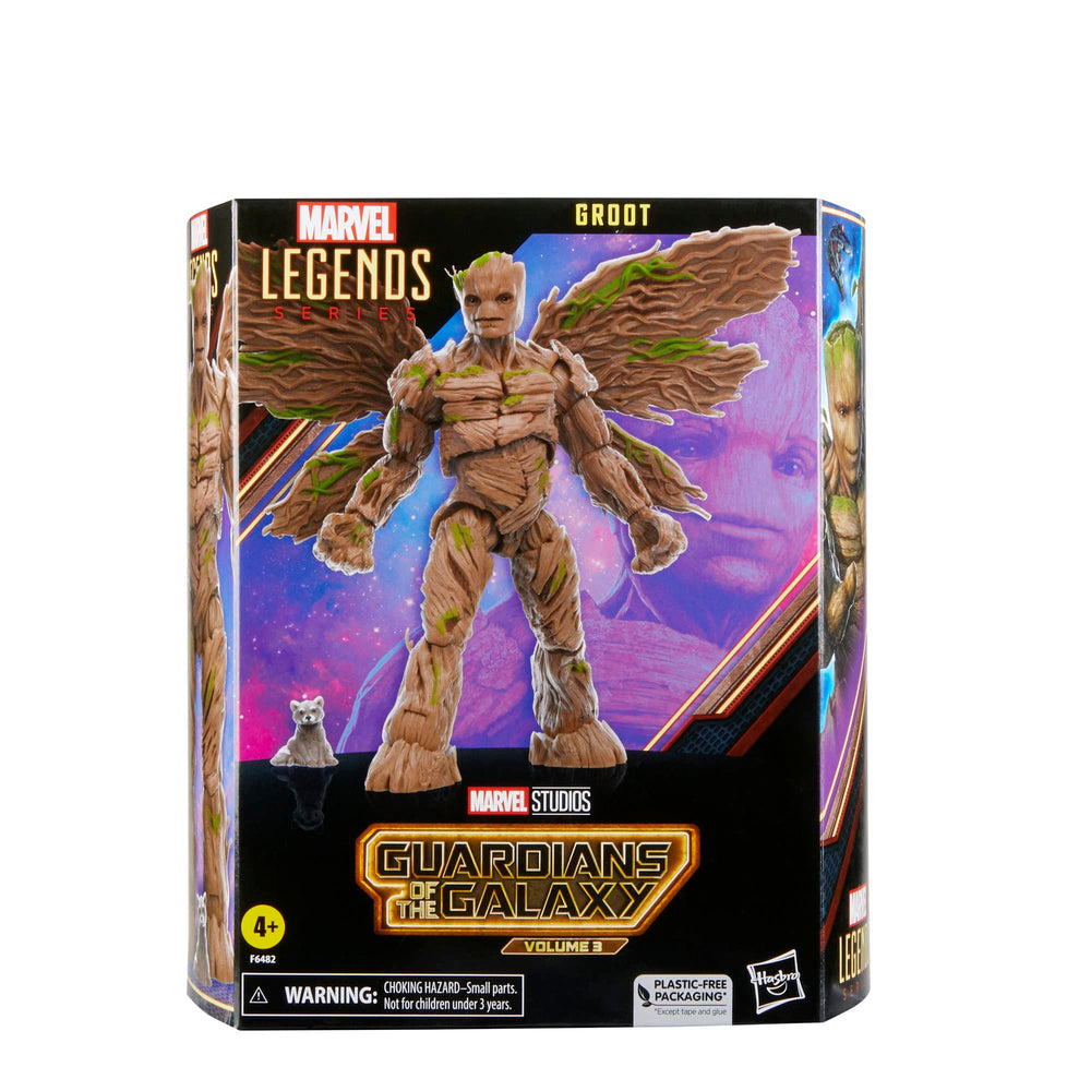 Marvel Groot figure with detailed bark texture enhances shelf presence.
