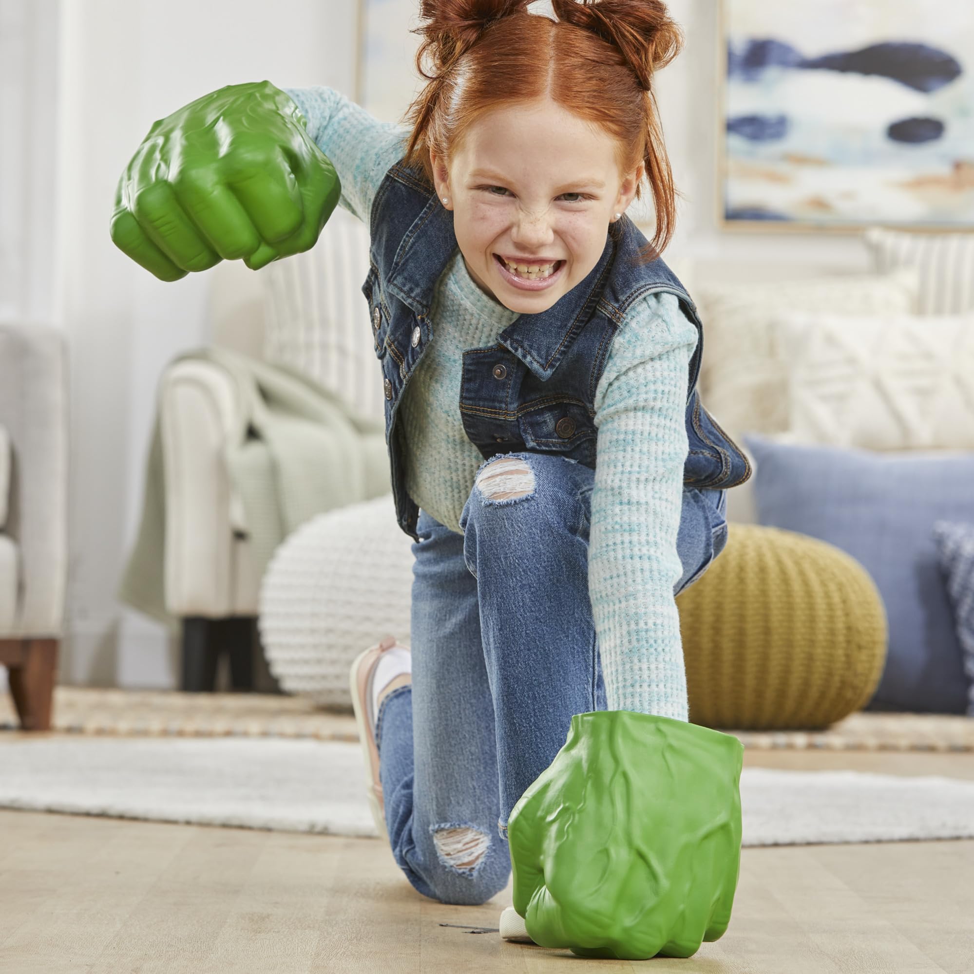 Bright green Hulk fists complement marvel costumes and role play.