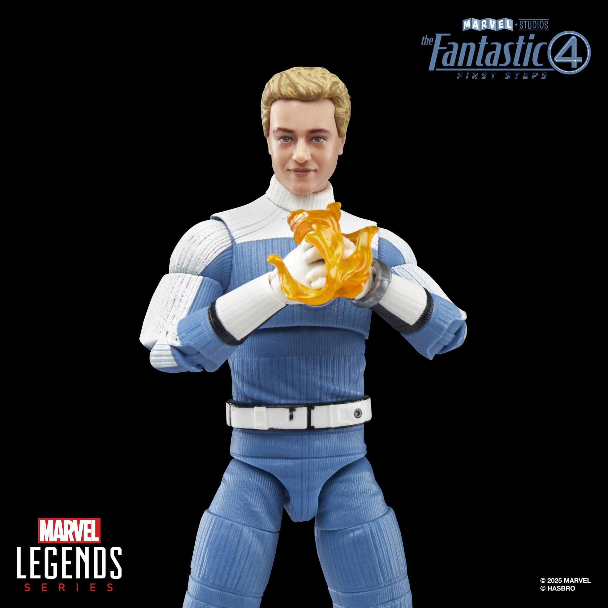 Marvel Johnny Storm blue suit deco enhances movie-inspired shelf display.