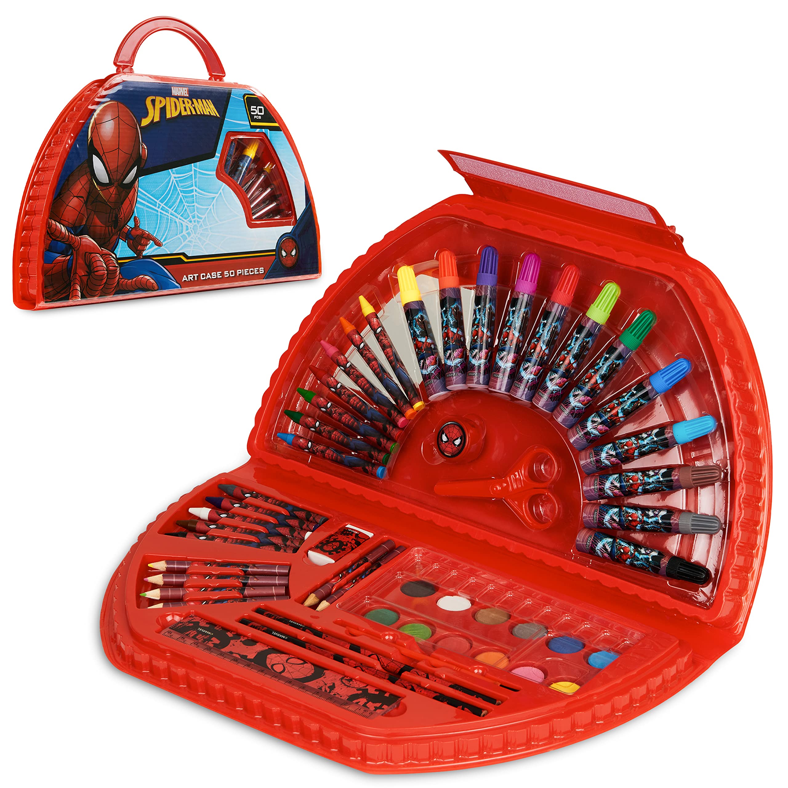Marvel Kids Art Set Spiderman travel case opened for on-the-go creativity.