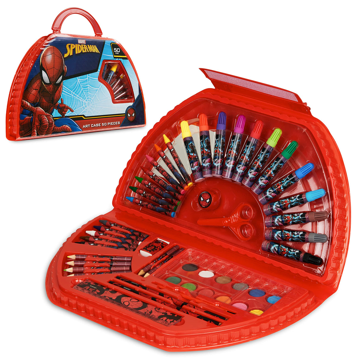 Marvel Kids Art Set Spiderman travel case opened for on-the-go creativity.