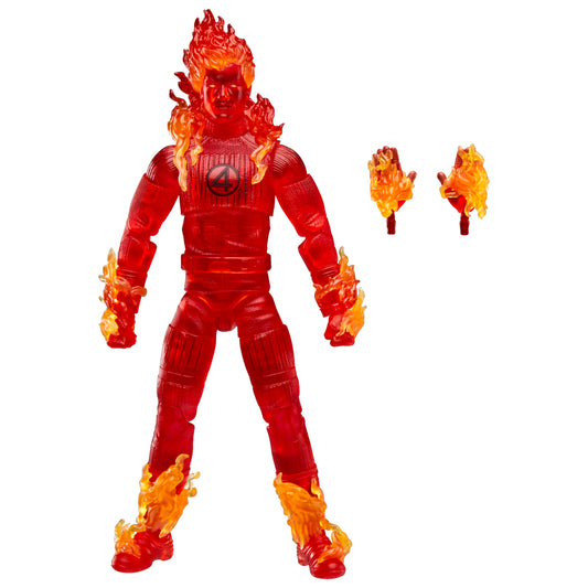 Marvel Legends Human Torch figure with flame detail for display.