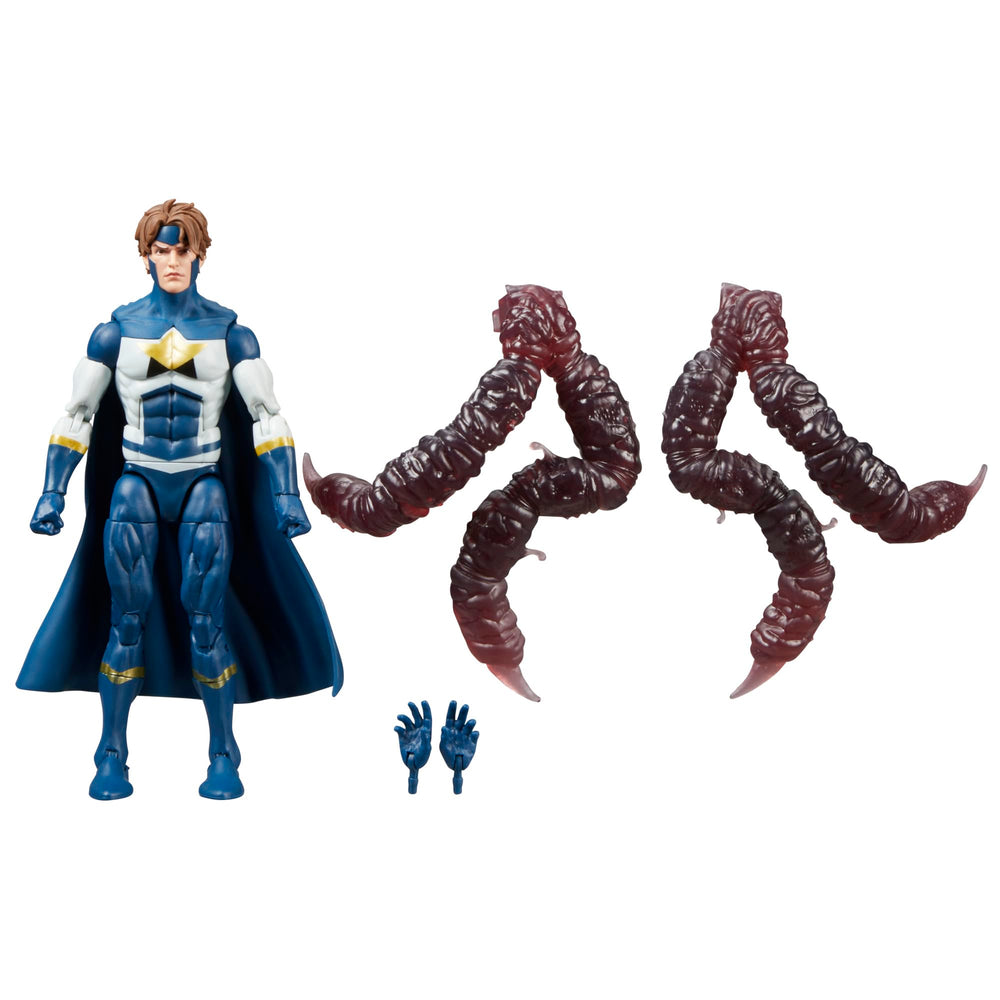 Marvel Legends New Warriors Justice front view figure with detailed deco for display.