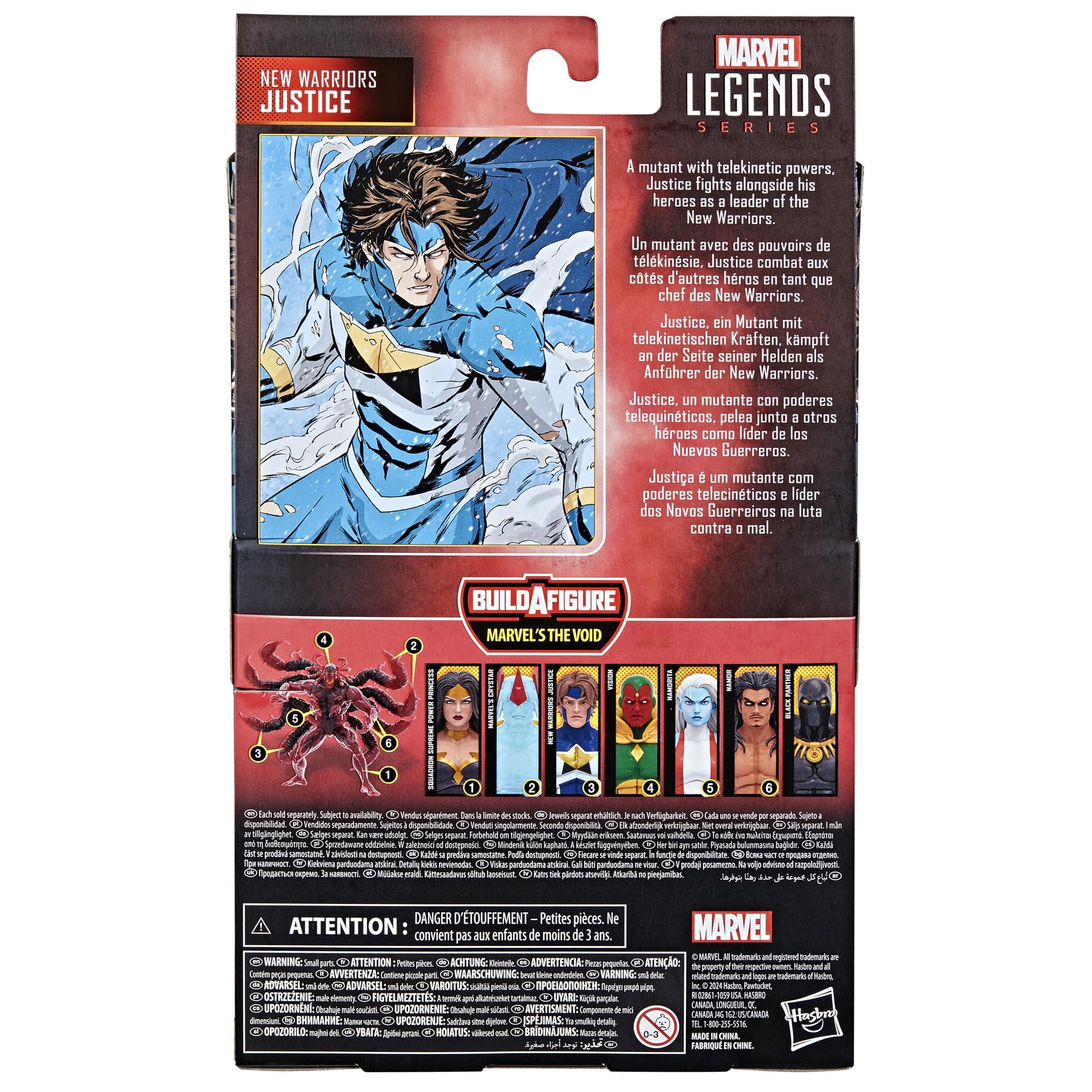 Shelf-ready Marvel Legends New Warriors Justice figure in a display setup.