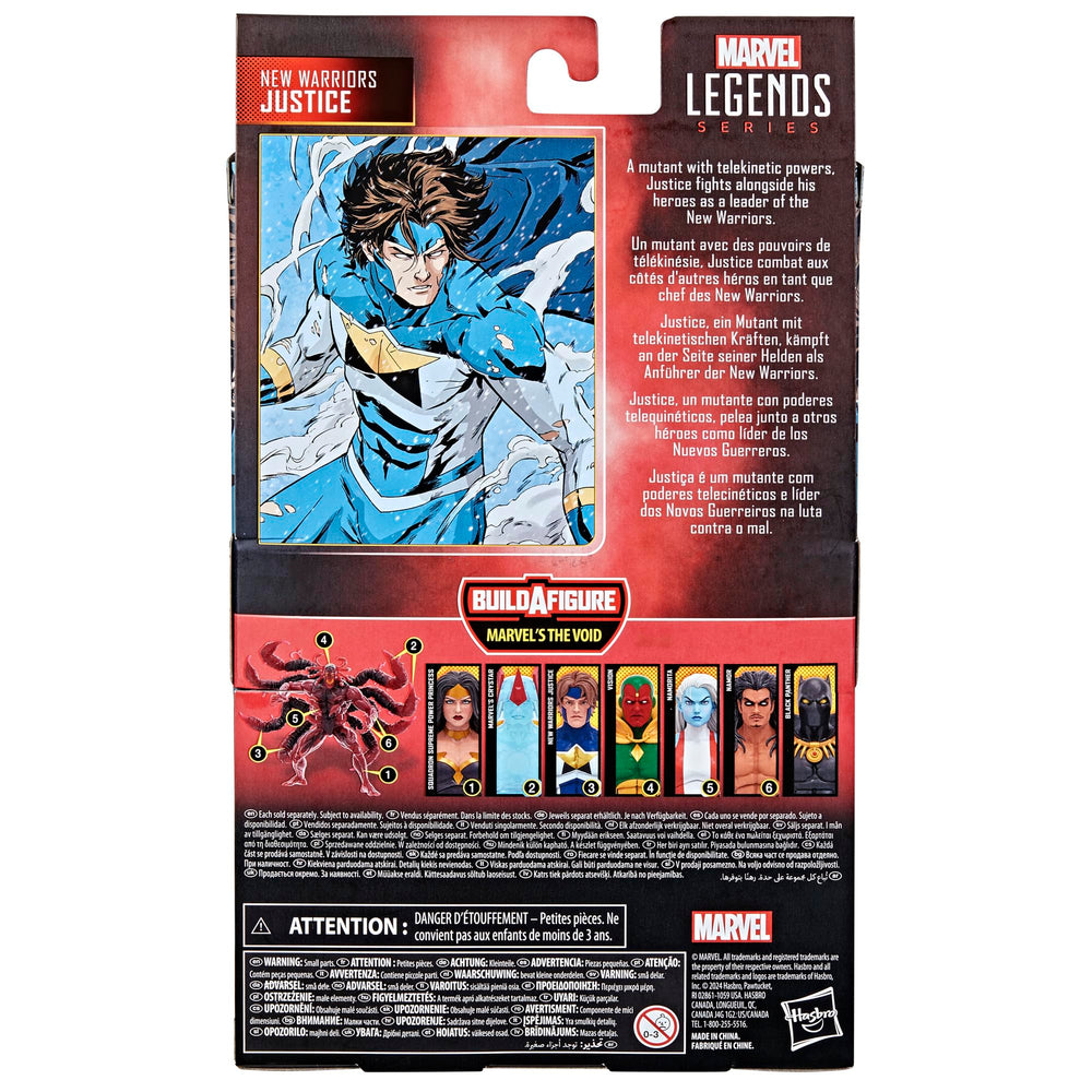 Shelf-ready Marvel Legends New Warriors Justice figure in a display setup.