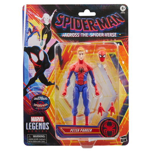 Marvel Legends Peter Parker with unmasked head accessory for varied expressions in display.