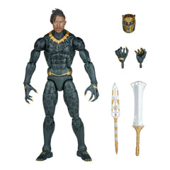 Marvel Legends Killmonger figure with weapons and alternate heads for versatile display.