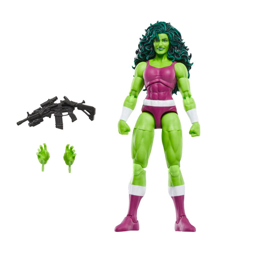 Marvel Legends She-Hulk figure front view for dynamic display on your shelf.