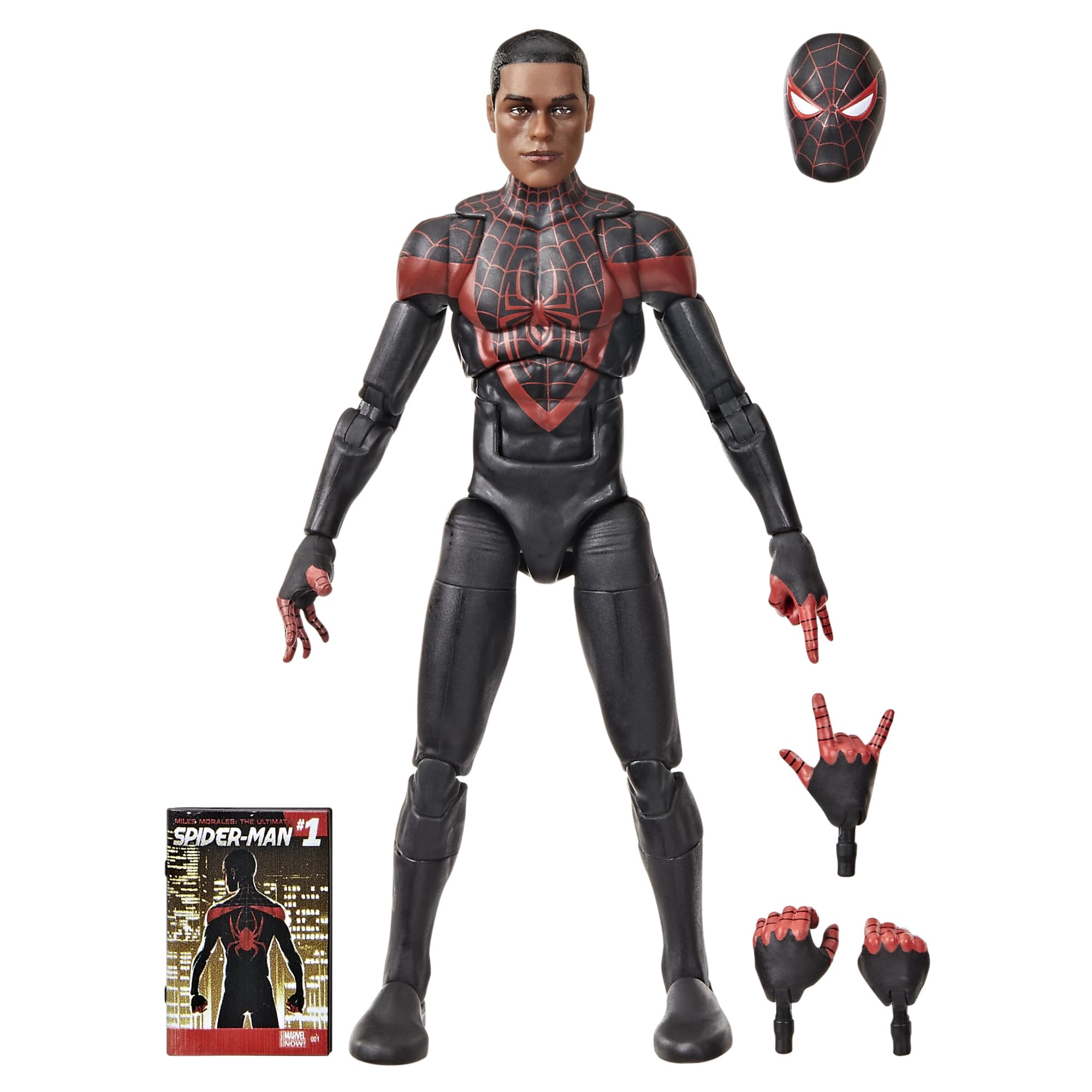 Marvel Legends Ultimate Miles Morales figure front view highlights premium deco for display.