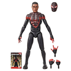 Marvel Legends Ultimate Miles Morales figure front view highlights premium deco for display.